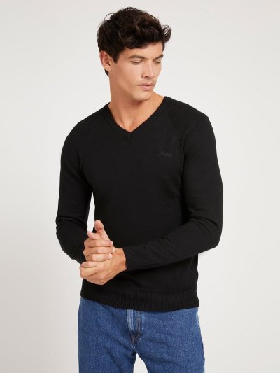 Férfi Guess V Neck Viscose Blend Pulóverek Fekete | HU-153499