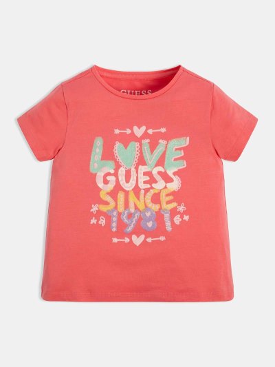 Gyerek Guess Glitter Logo Póló Korall | HU-845043