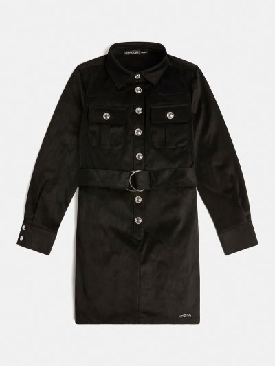 Gyerek Guess Logo Button Faux Velúr Ruha Fekete | HU-019870