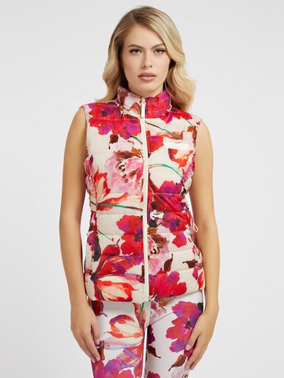 Női Guess All Over Floral Puffer Vest Piros | HU-814203
