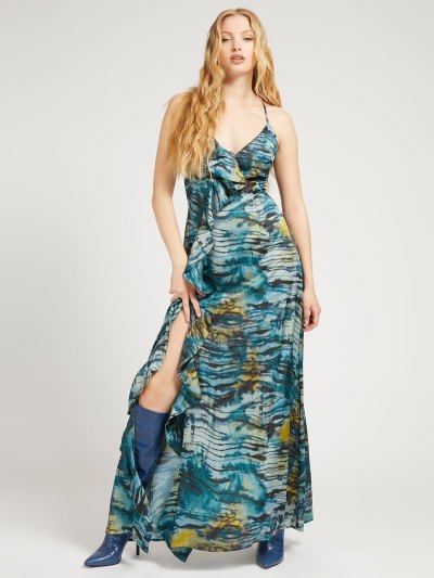 Női Guess All Over Print Maxi Ruha Kék | HU-823476