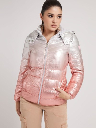 Női Guess All Over Print Párnázott Nejlon Puffer Jacket Rózsaszín | HU-561656