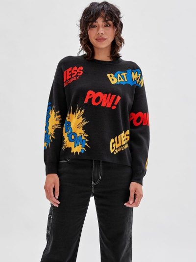 Női Guess Batman Jacquard Motif Pulóverek Fekete | HU-908013
