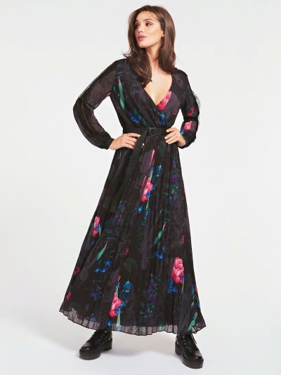 Női Guess Belted Redőzött Ruha Fekete | HU-135936