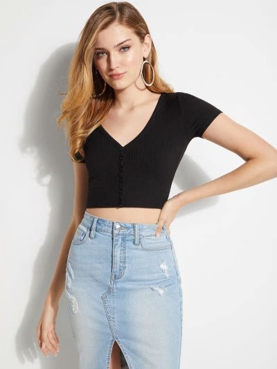 Női Guess Button-through Crop Felsők Fekete | HU-470141