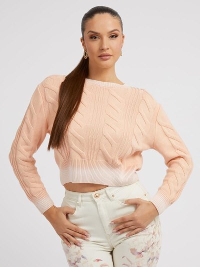 Női Guess Cable Knit Crop Pulóverek Rózsaszín | HU-068407