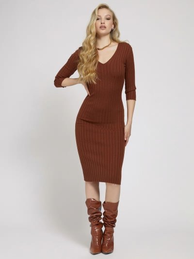 Női Guess Close-fitting Knit Ruha Barna | HU-337168
