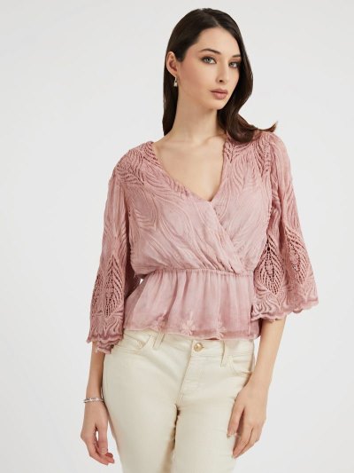 Női Guess Crinkle Embroidered Felsők Rózsaszín | HU-641896