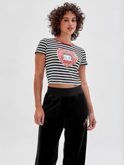 Női Guess Csíkos Crop Póló Fekete | HU-816759