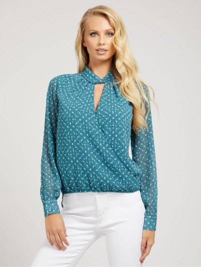 Női Guess Dots Print Draped Felsők Zöld | HU-998692