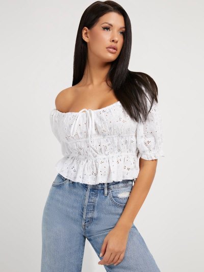 Női Guess Embroidered Blúz Fehér | HU-617942