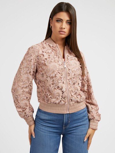 Női Guess Embroidered Bomber Kabát Rózsaszín | HU-625397