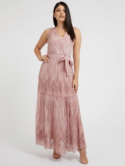 Női Guess Embroidered Long Ruha Rózsaszín | HU-315781