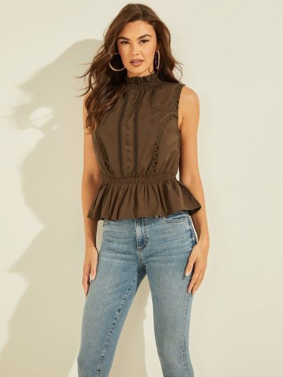 Női Guess Embroidery Pamut Felsők Barna | HU-966485