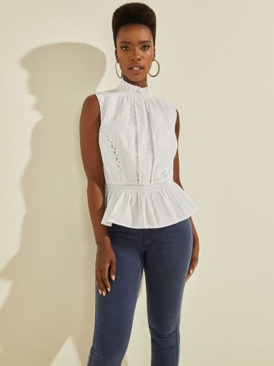 Női Guess Embroidery Pamut Felsők Fehér | HU-141238