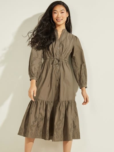 Női Guess Embroidery Pamut Long Ruha Zöld | HU-723231