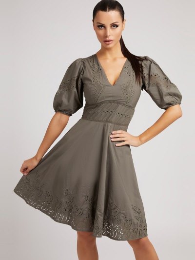 Női Guess Embroidery Pamut Ruha Zöld | HU-297785