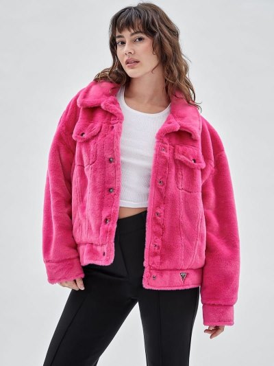 Női Guess Faux Fur Kabát Rózsaszín | HU-070658