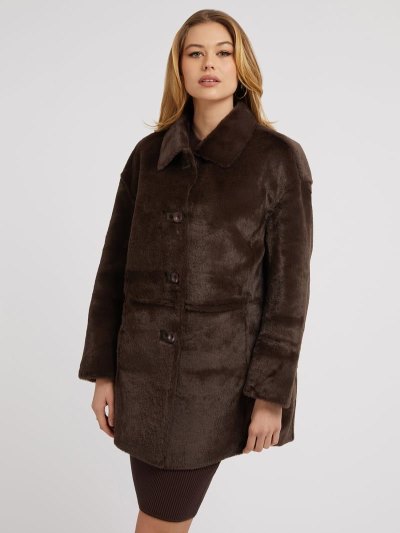 Női Guess Faux Fur Kabátok Barna | HU-773655