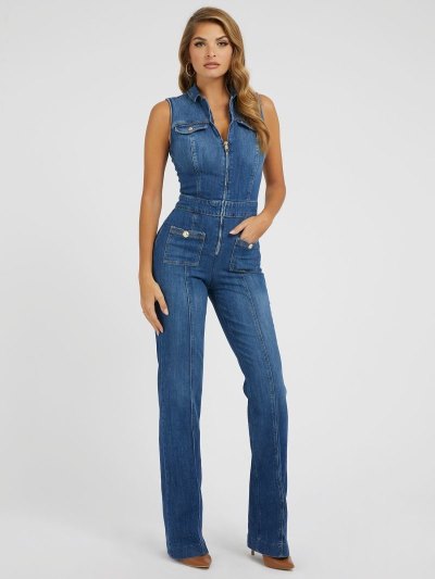 Női Guess Flare Denim Jumpsuit Kék | HU-725892