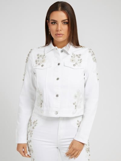 Női Guess Floral Embroidery Farmer Dzsekik Fehér | HU-344743