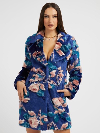 Női Guess Floral Fantasy Faux Fur Kabátok Kék | HU-964839
