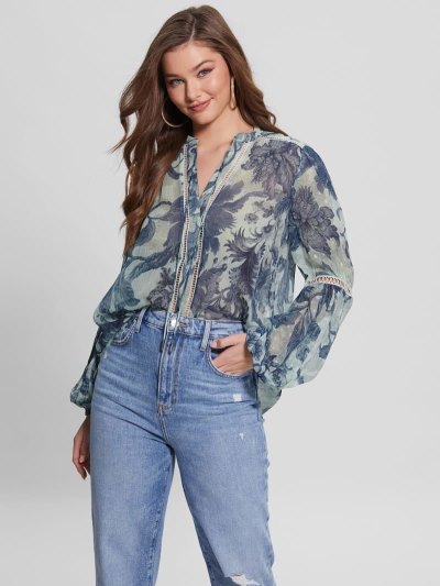 Női Guess Floral Print Blúz Világos Kék | HU-703171