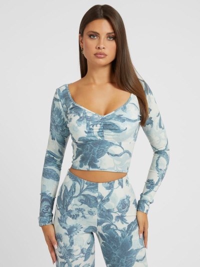 Női Guess Floral Print Crop Felsők Világos Kék | HU-792584