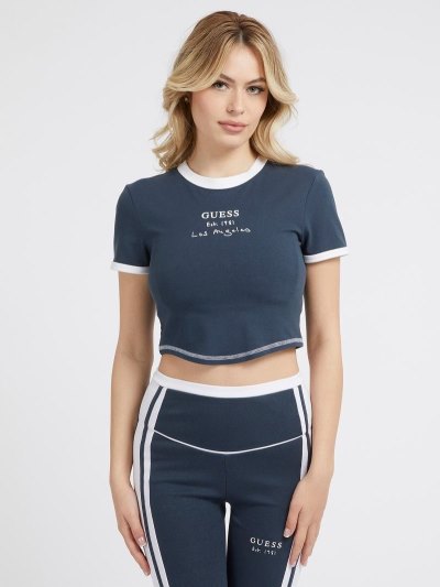 Női Guess Front Logo Crop Póló Sötétkék | HU-916524