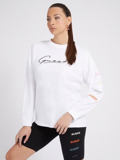 Női Guess Front Logo Long Sleeves Póló Fehér | HU-389342