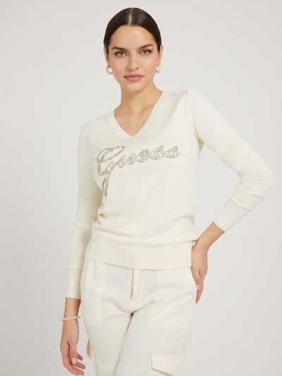 Női Guess Front Logo Pulóverek Fehér | HU-485030