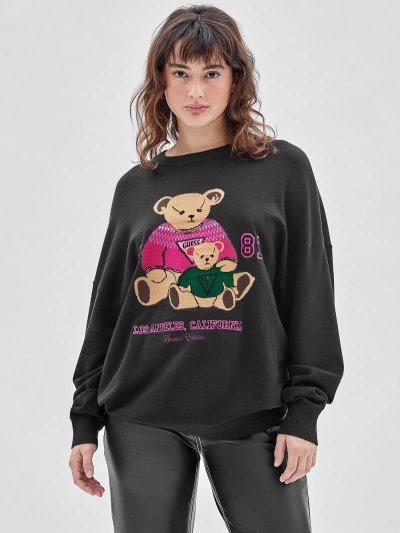 Női Guess Front Logo Pulóverek Fekete | HU-450913