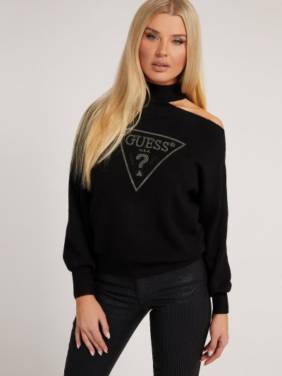 Női Guess Front Logo Pulóverek Fekete | HU-475234