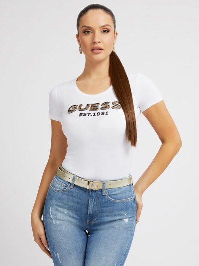 Női Guess Front Logo Póló Fehér | HU-685483