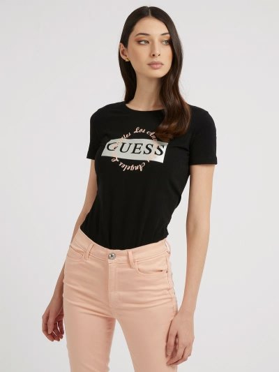 Női Guess Front Logo Póló Fekete | HU-399279