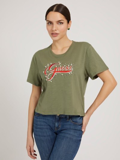 Női Guess Front Logo Póló Zöld | HU-530492