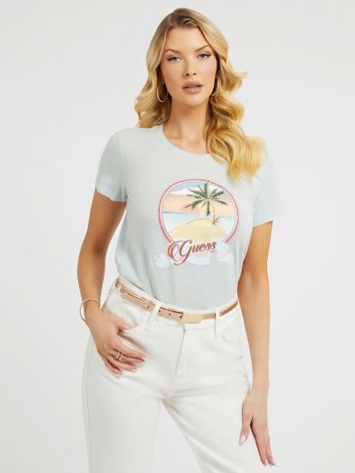 Női Guess Front Palm Print Póló Teal | HU-548978
