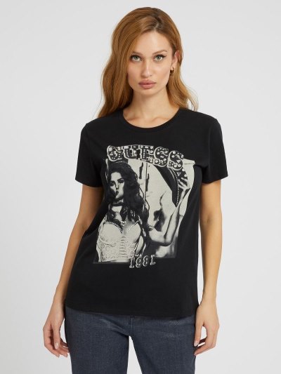 Női Guess Front Print Póló Fekete | HU-452870