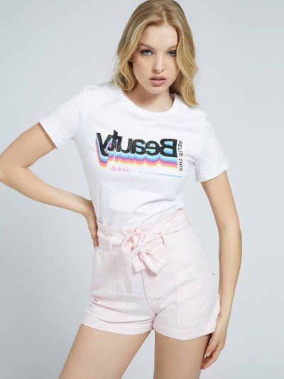 Női Guess Glitter Placed Print Póló Fehér | HU-165801