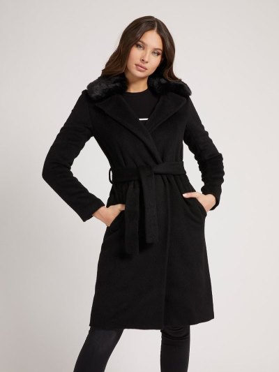 Női Guess Gyapjú Blend Belted Kabátok Fekete | HU-141705