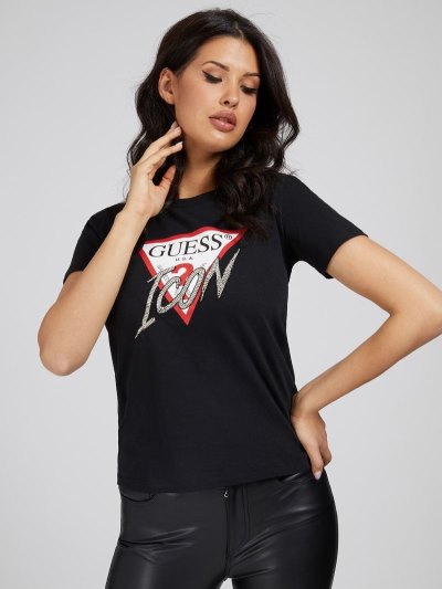 Női Guess Icon Logo Póló Fekete | HU-966593