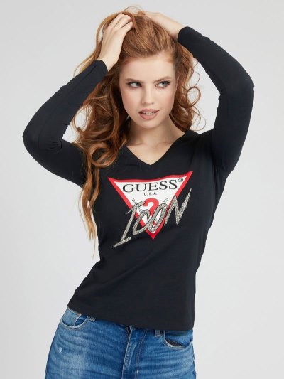 Női Guess Icon Logo T-shirt Applications Póló Fekete | HU-076340