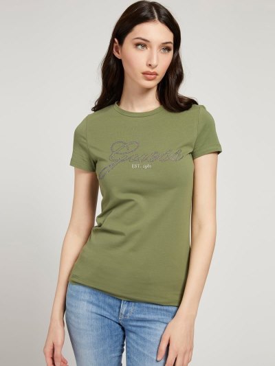 Női Guess Logo Rhinestones Póló Zöld | HU-041910