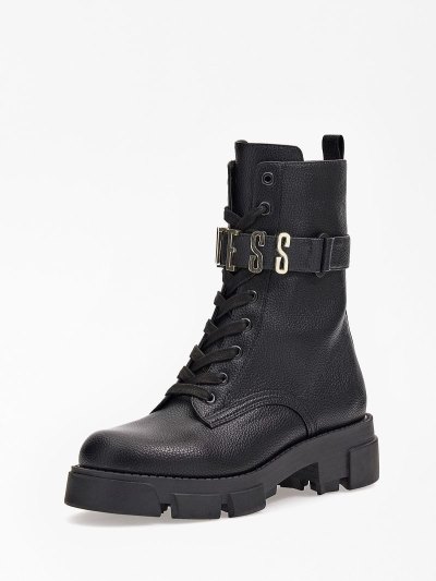 Női Guess Madox Lettering Logo Combat Csizma Fekete | HU-634450