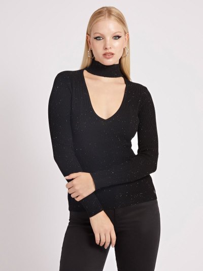 Női Guess Micro Sequins Pulóverek Fekete | HU-908130