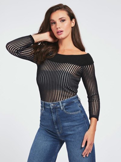 Női Guess Off Shoulder Pamut Blend Pulóverek Fekete | HU-580983