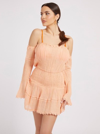 Női Guess Off-shoulder Pamut Blend Ruha Narancssárga | HU-183957