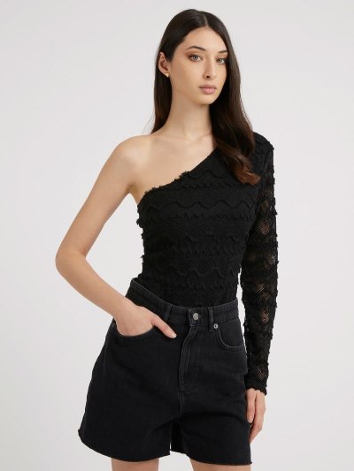 Női Guess One Shoulder Embroidered Body Body Fekete | HU-978054