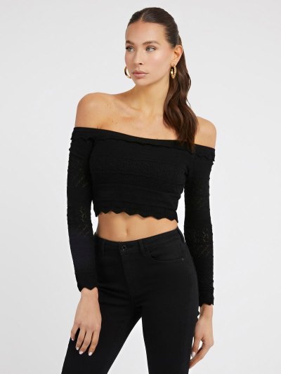 Női Guess Pointelle Knit Felsők Fekete | HU-481826