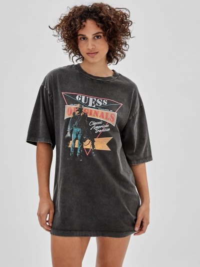 Női Guess Print T-shirt Ruha Fekete | HU-700457